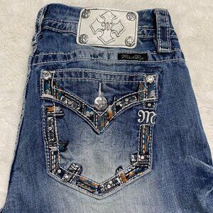 Miss Me Women's Embroidered Blue Mid Rise Boot Cut Denim Jeans Size 29 x 29"